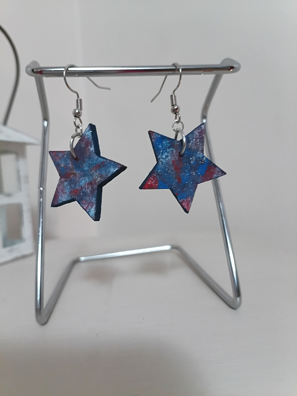 Handmade Star Dangle Earrings in Blue & Red